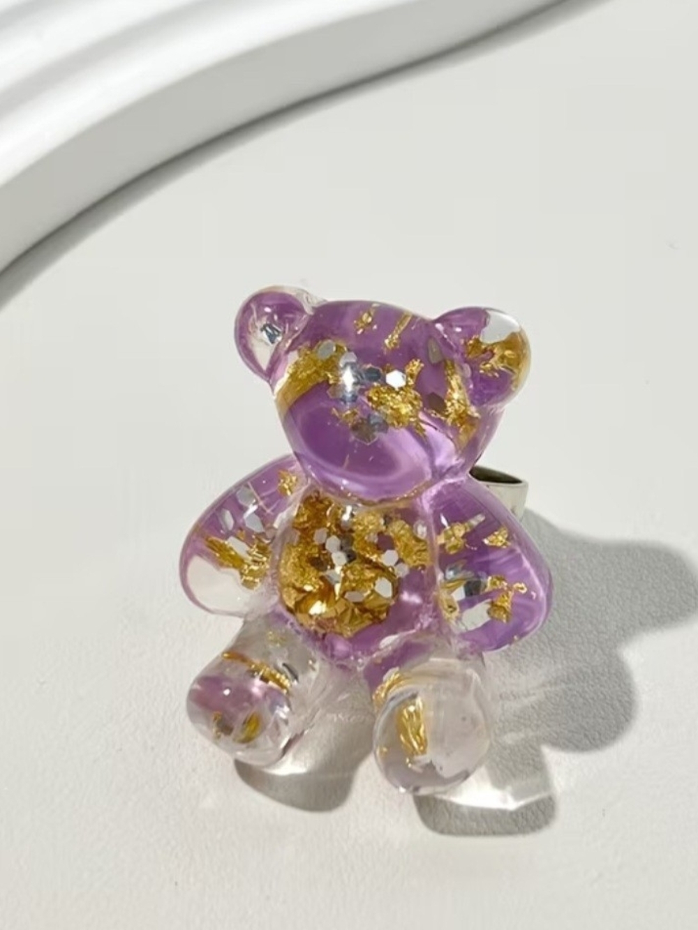 Whimsical Purple Resin Teddy Bear Ring with Gold Flakes